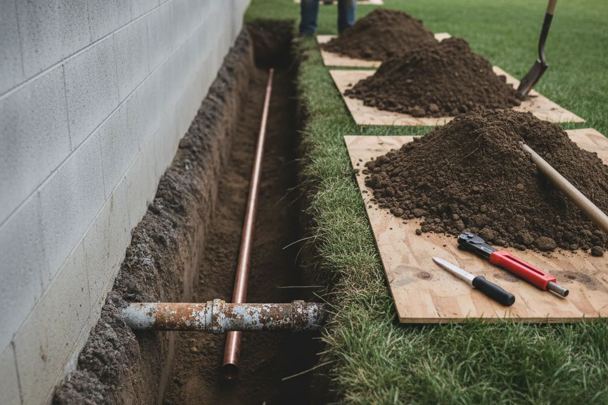 Excavated water line trench during Sewer Line Repair in Reynoldsburg